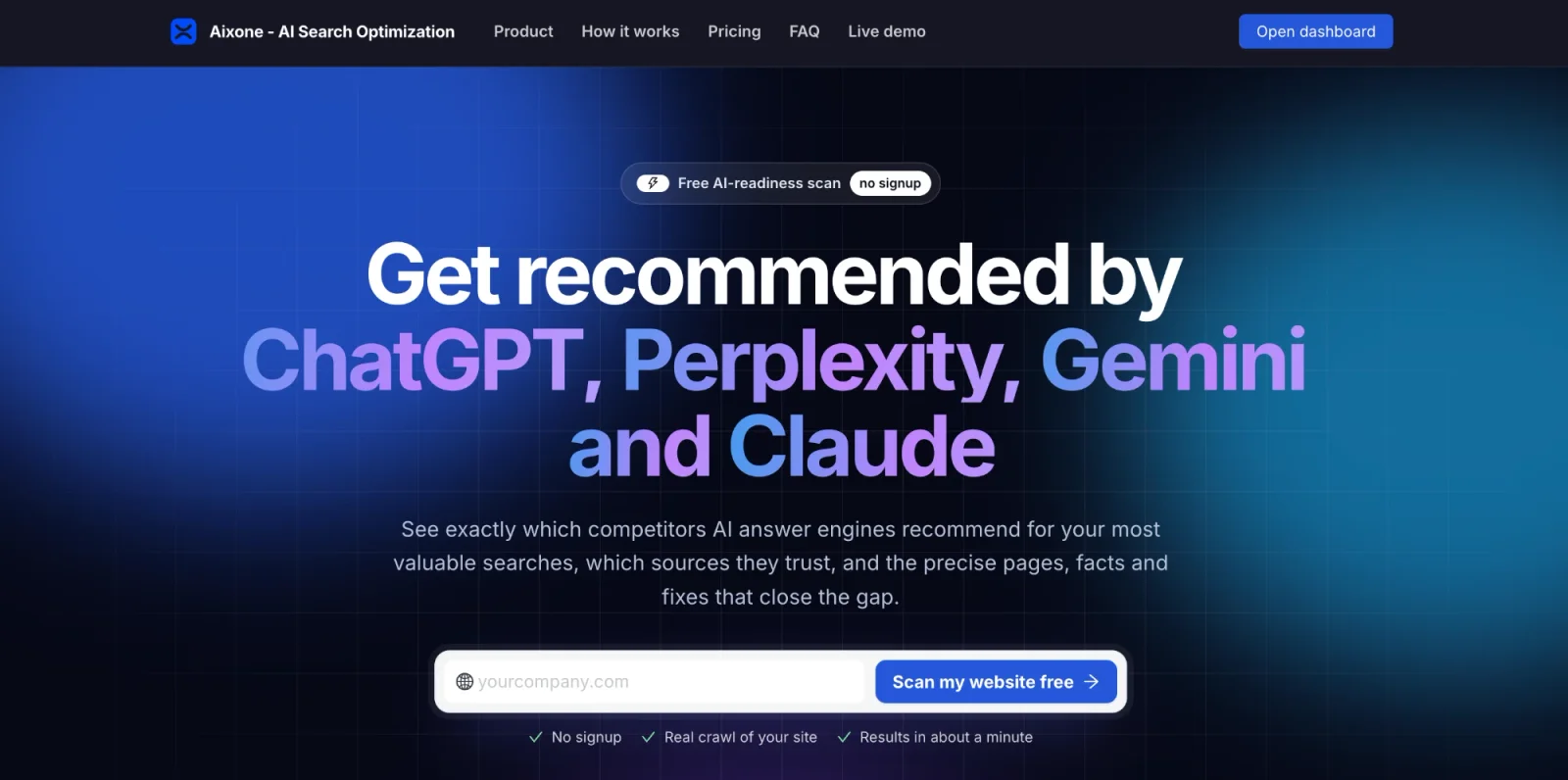 Aixone home page: get recommended by ChatGPT, Perplexity, Gemini and Claude, with a free website scan