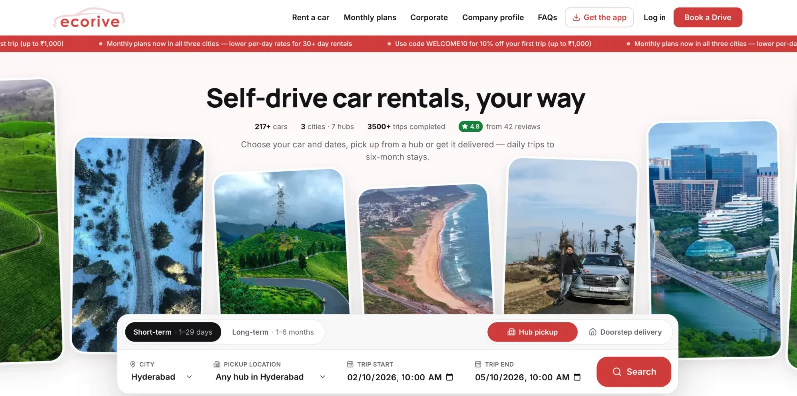 ecorive home page with the car search: city, pickup hub and trip dates