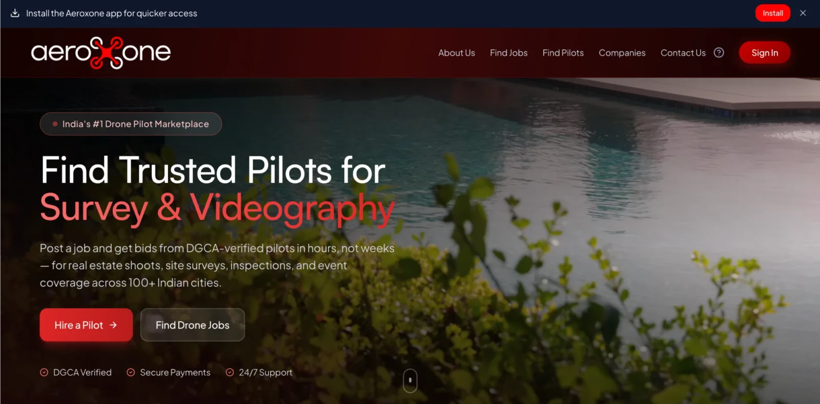 Goxone home page: find trusted drone pilots for survey and videography across India