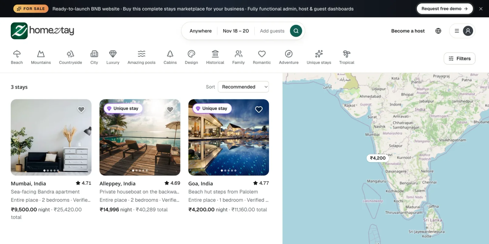 Homeztay search results: stays in Mumbai, Alleppey and Goa with prices and a map of India