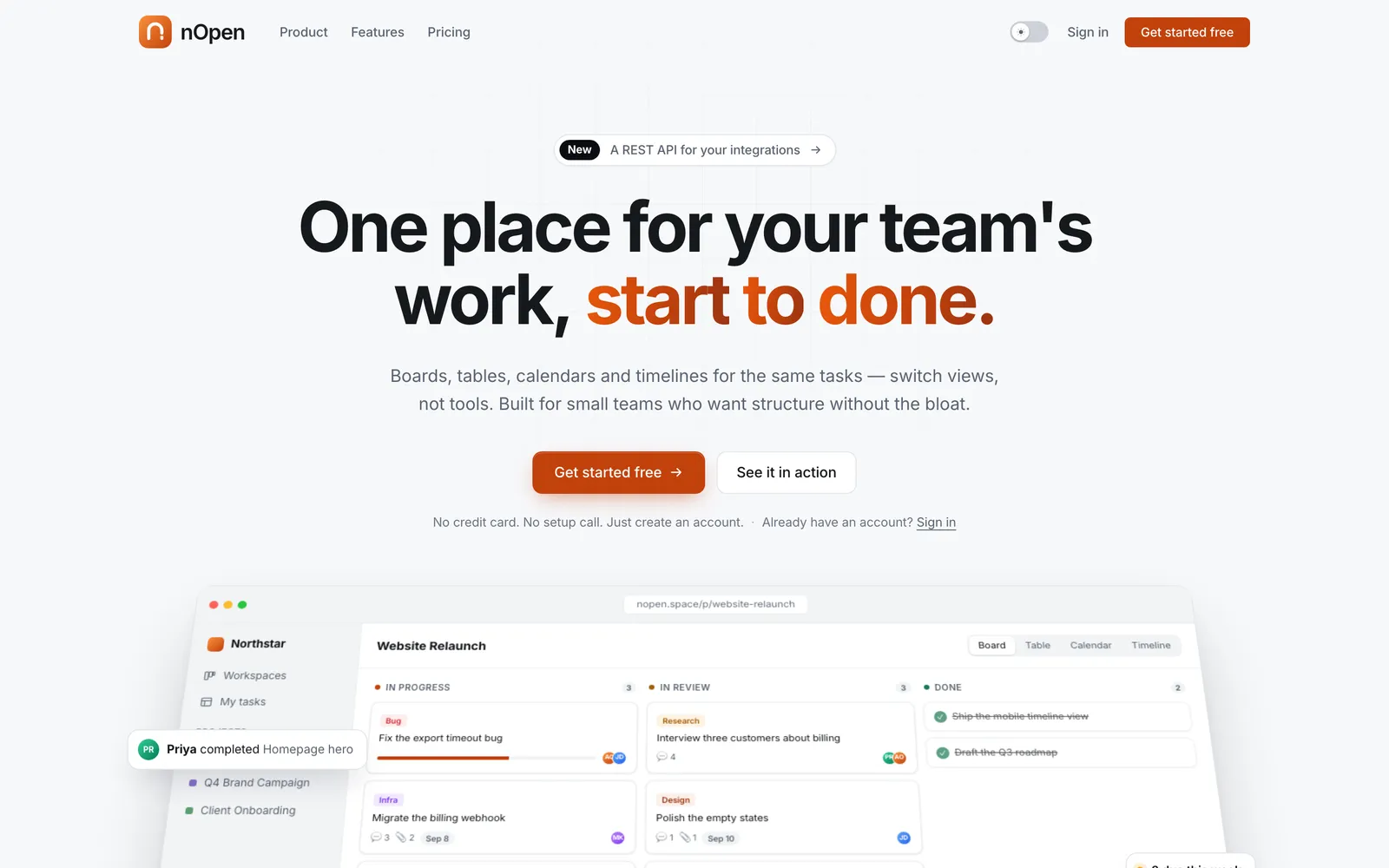 nOpen home page showing a project board