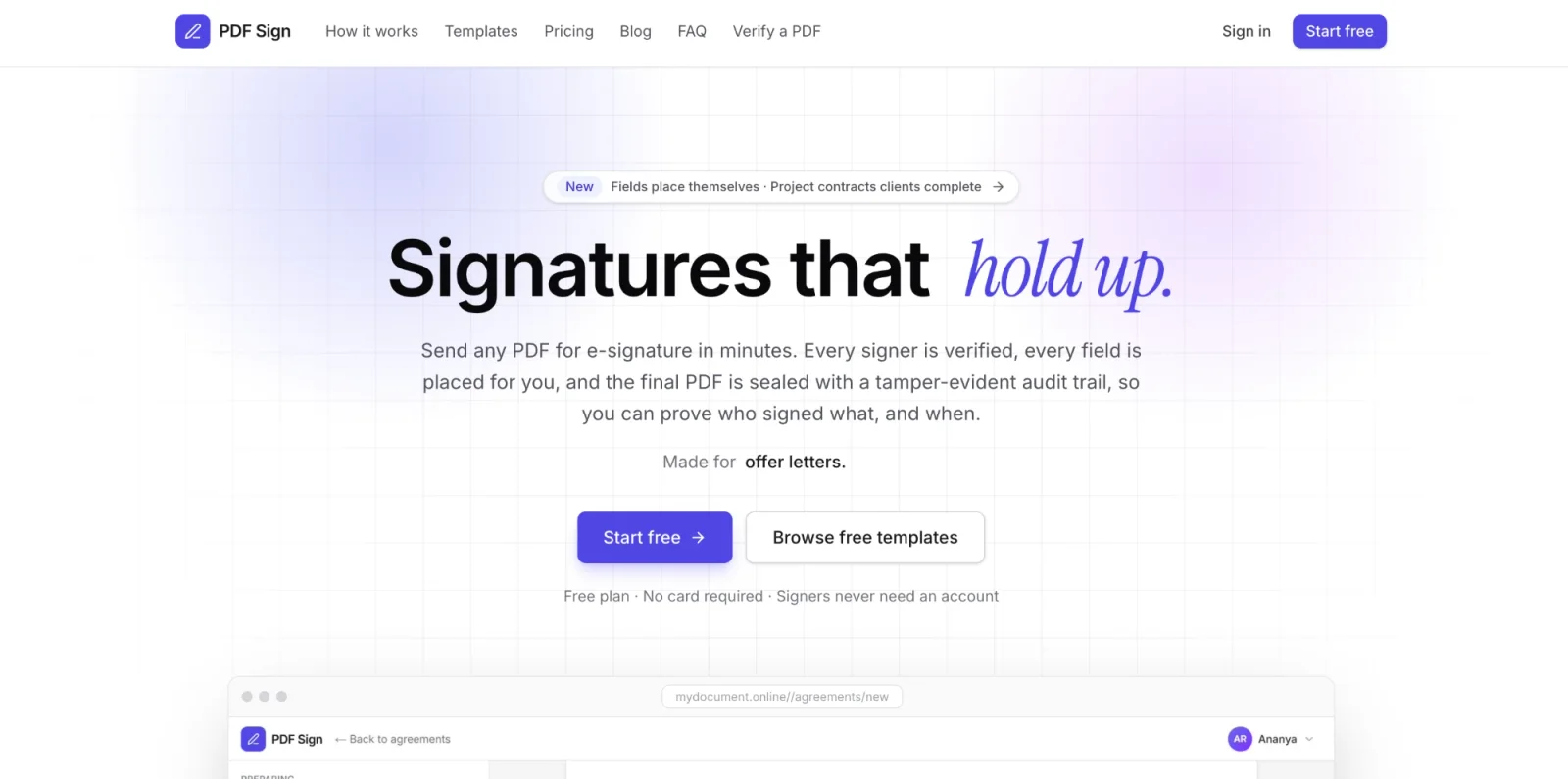 PDF Sign home page: signatures that hold up, with free templates