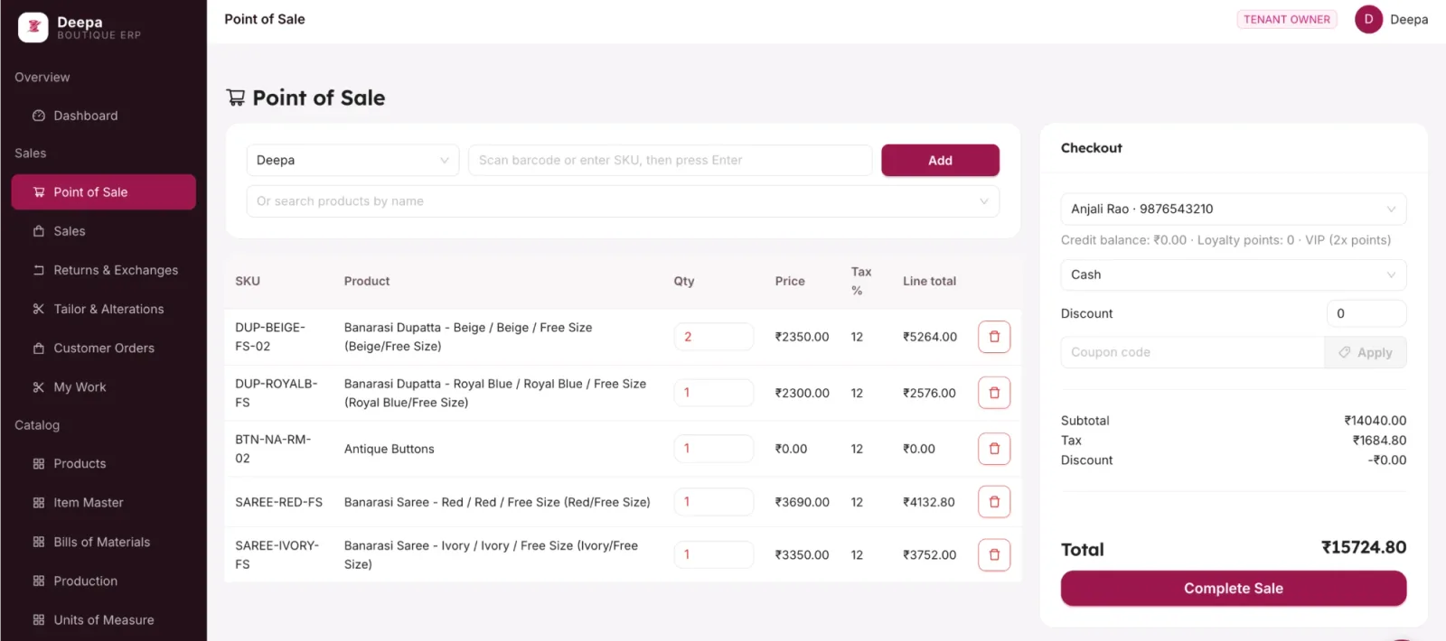 Vastr point-of-sale screen for a boutique, with barcode entry, line items and checkout